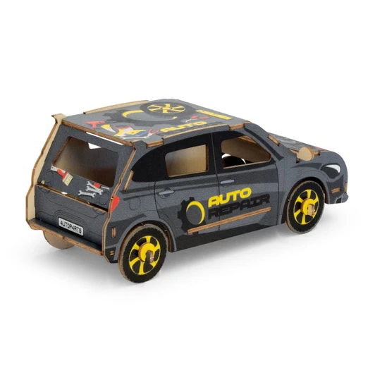 A wooden model of a hatchback car in grey, featuring yellow wheels and an automotive repair theme, with a logo.