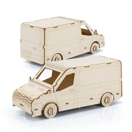 A wooden model of a van in a light natural wood finish, featuring a detailed design with wheels and windows.