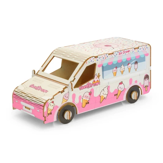 A wooden model of an ice cream van in pink and white, featuring illustrations of ice cream cones and a branded logo.