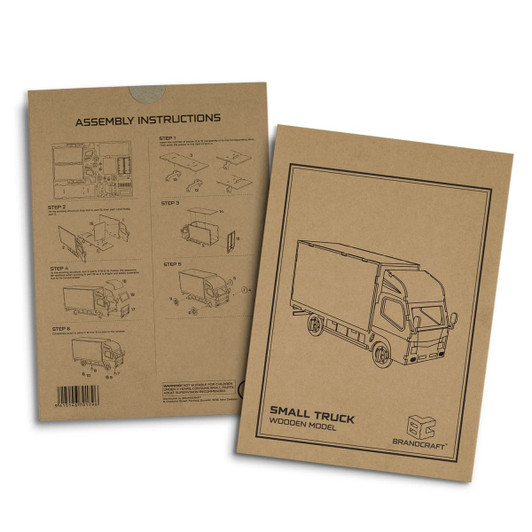 A wooden model assembly kit for a small truck, featuring brown packaging with illustrations and instructions.