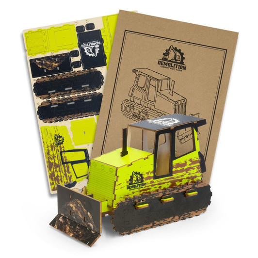 A yellow and black bulldozer wooden model with cut-out parts and a branded packaging.