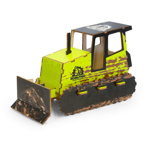 A yellow and black wooden bulldozer model with a detailed front blade and logo branding.
