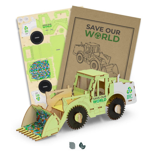 A wooden model of a wheel loader in light green, accompanied by cardboard sheets for assembly and instructions.