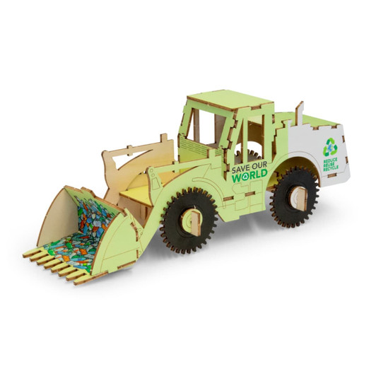A wooden model of a wheel loader in green, featuring a recycling logo and detailed parts like wheels and a scoop.