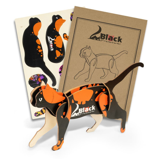A wooden cat model with a black and orange pattern, accompanied by design templates and packaging.