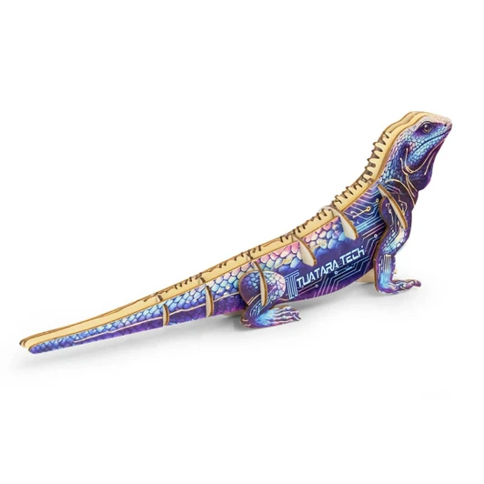 A wooden model of a tuatara in vibrant blue and purple colours, featuring a logo on its side.