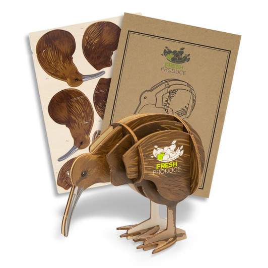 A kiwi wooden model in brown, accompanied by illustrated sheets and a branding logo.