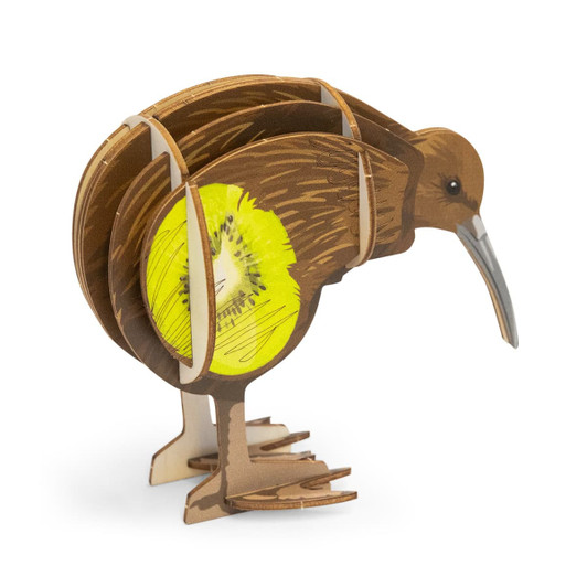 A wooden model of a kiwi bird, featuring brown and yellow colours, with intricate layered design.