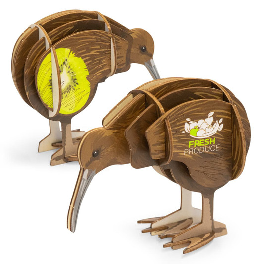 A wooden kiwi model in brown and yellow, featuring a layered design and a logo on one side.
