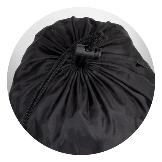 A black puffer blanket is rolled up and secured with a drawstring at the top. It has a smooth, shiny texture.