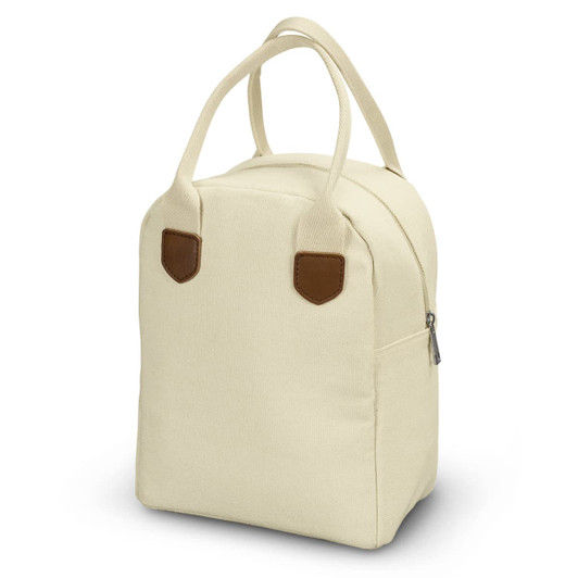 A cream-coloured lunch bag with brown leather accents and dual handles. It features a zippered top and a side pocket.