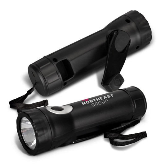 A black rechargeable torch with a wrist strap and a logo. The design includes a flashlight at one end.