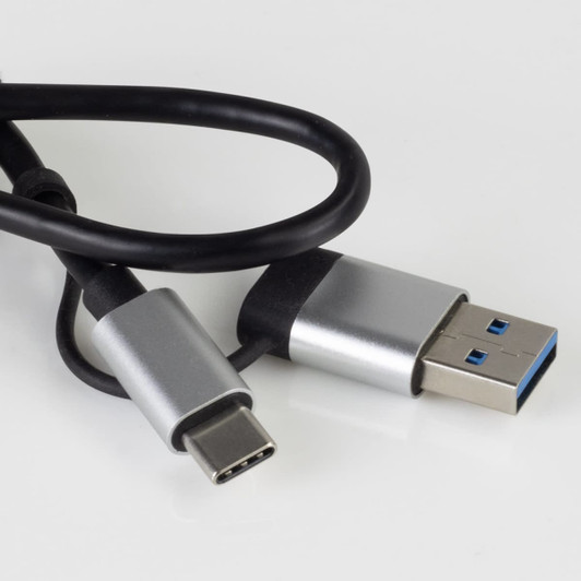 A black USB cable featuring a silver USB-A connector and a USB-C connector.