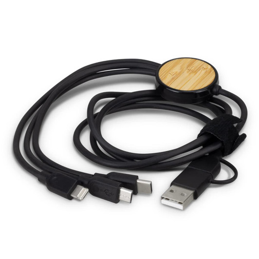 A bamboo triple connector charging cable in black, featuring USB, Lightning, and micro USB connectors.
