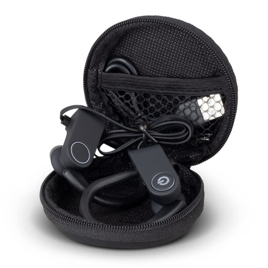 Bluetooth earbuds in black, stored in a zipped travel case, with a mesh pocket for accessories.