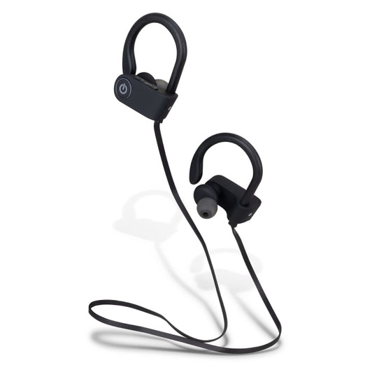 A pair of black Bluetooth earbuds with ear hooks and a connecting cord, featuring a power button on one earpiece.