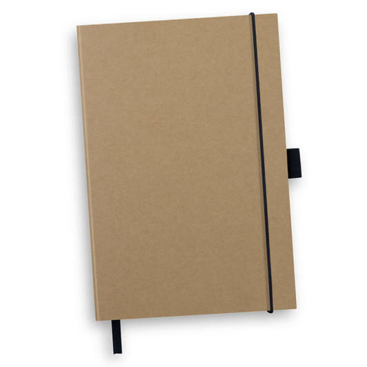 A brown hard cover notebook with an elastic band closure and a ribbon bookmark. It has a logo on the front.
