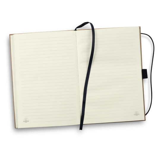 A hard cover notebook with a brown exterior, featuring lined pages and a black ribbon bookmark.