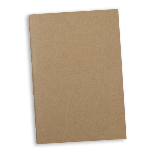 A brown soft cover notebook with a simple design, featuring a plain textured exterior and a logo.