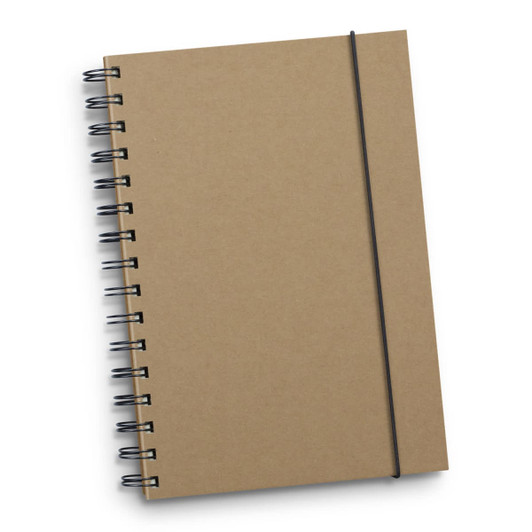 A brown spiral notebook with an elastic band closure features black spirals and a plain cover.