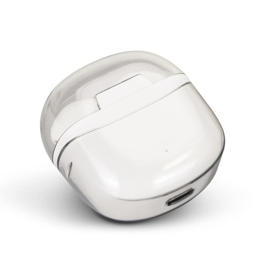 A pair of white Bluetooth earbuds in a translucent charging case with a USB-C port.