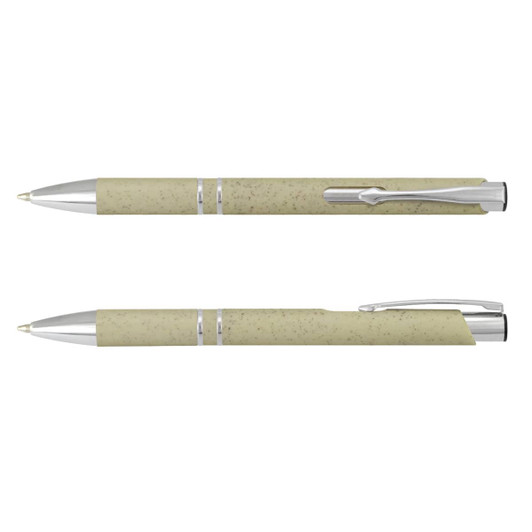 A dual-ended pen in a light green hue with silver accents and a clip, featuring a logo on the barrel.