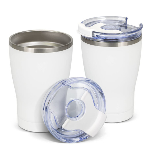 A drink bottle set featuring two white vacuum cups with stainless steel interiors and clear lids.