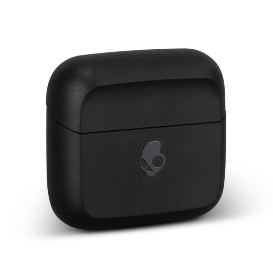 A black charging case for Skullcandy Mod TWS earbuds with a logo on the front.