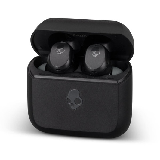 Black Skullcandy Mod TWS earbuds in a closed charging case, featuring a subtle logo on the case.