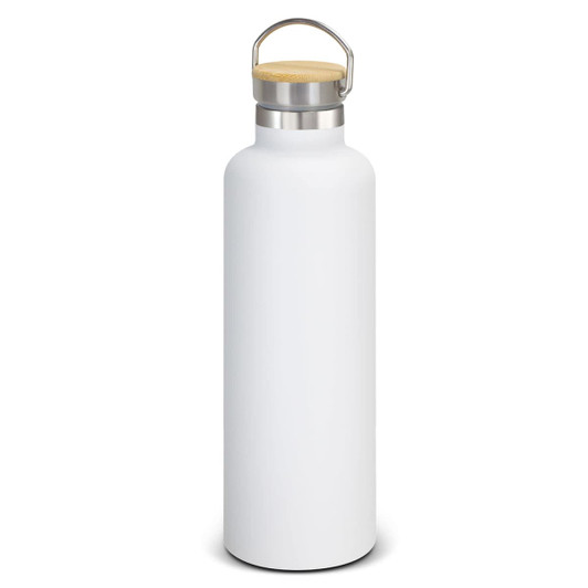 A drink bottle in white with a stainless steel cap and a bamboo handle. It has a logo on the side.