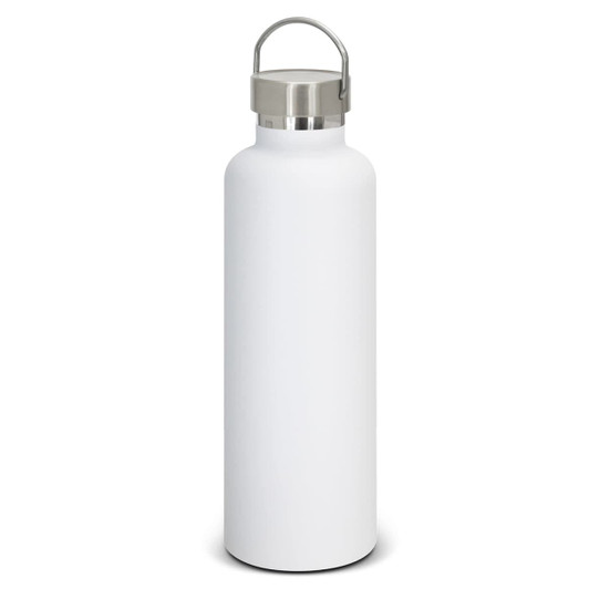 A drink bottle in matte white finish with a stainless steel cap and a carrying handle, featuring a logo.