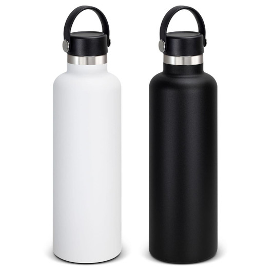 A drink bottle set featuring a matte white and a matte black vacuum bottle with carry lids. Both bottles have a sleek design.