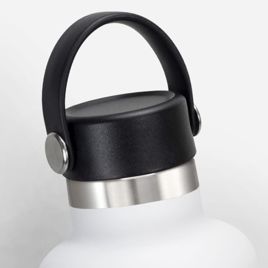 A drink bottle with a white body and a black carry lid, featuring a silver accent on the neck.