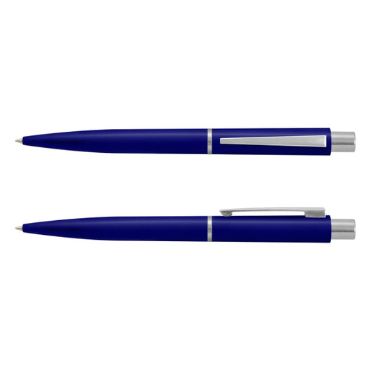 A blue plastic pen with a silver clip and accents, displayed in a top-down view and side view.