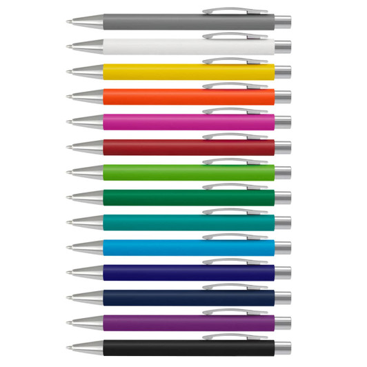A collection of Lancer Soft-Touch Pens in various colours, featuring a silver clip and accents.