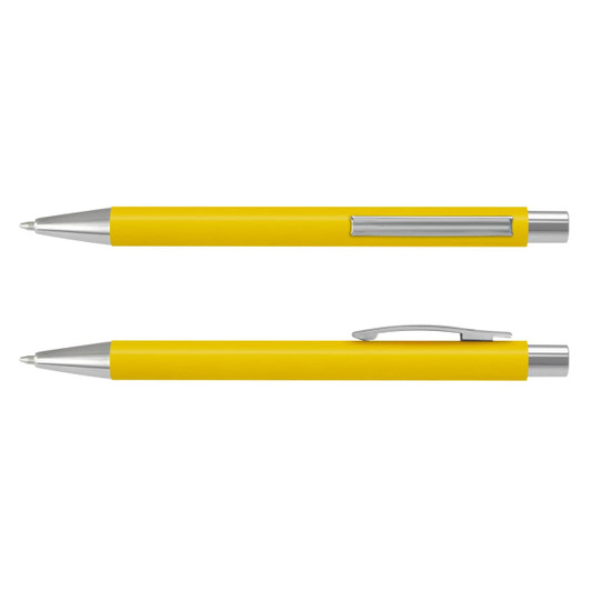 A yellow soft-touch pen with silver accents and a clip. The pen is displayed from two angles.