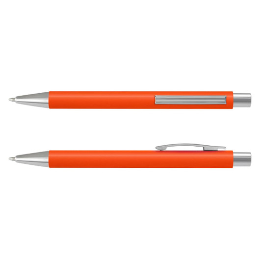 An orange soft-touch pen with silver accents, featuring a clip and a smooth barrel design.
