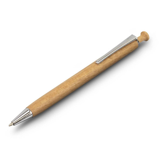 A wooden pen with a sleek silver clip and tip, showcasing a natural wood finish. The pen includes branding.