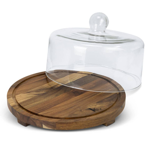 A wooden cake display stand with a glass dome lid, featuring a circular base and a smooth finish.