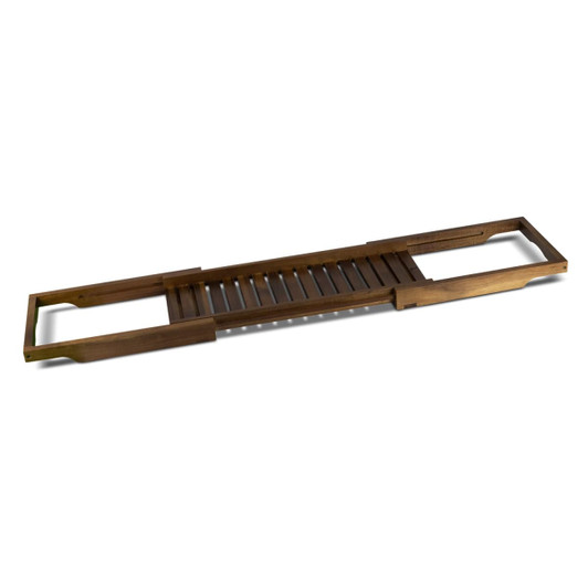 A wooden bath caddy in a natural brown hue with slatted design and cut-out handles.
