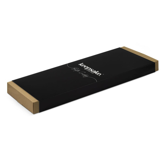 A sleek black packaging box with a gold trim for the Keepsake Bath Caddy, featuring a logo.
