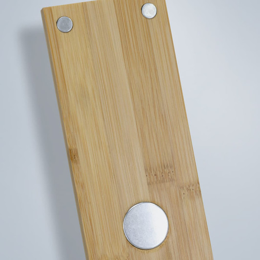 A drink bottle opener made of natural bamboo, featuring two metallic magnets and a circular base design.