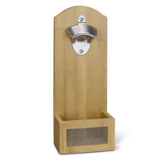 A drink bottle opener made of natural bamboo, featuring a metal opener at the top and a storage compartment below.