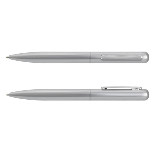 A silver metal pen with a smooth, sleek design and a clip. Features both cap and retractable mechanisms.
