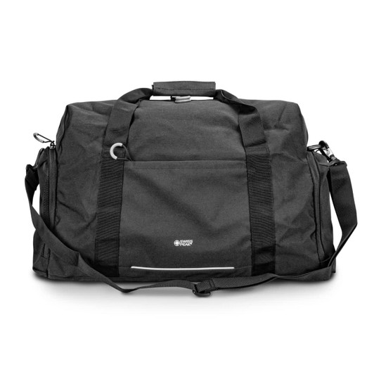 A black Swiss Peak RFID sports duffle bag with adjustable straps and a front pocket. It has a logo.