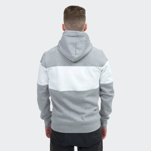 A grey and white Fairmount unisex hoodie with a hood, featuring a striped design on the back.