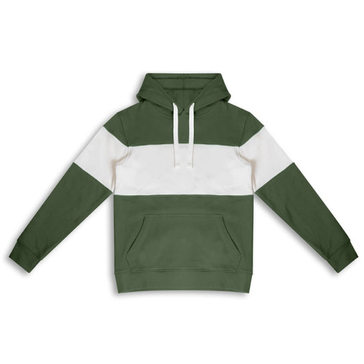 A green and white hoodie featuring a front kangaroo pocket and a hood, with branding on the design.
