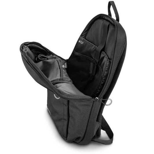 A grey Swiss Peak RFID backpack with multiple compartments and an open zipper, showcasing its interior pockets.