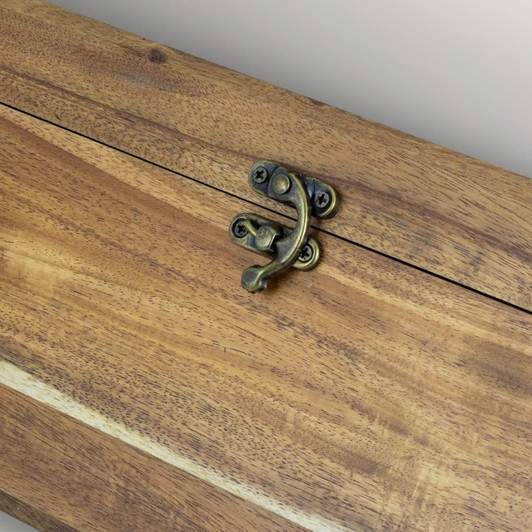 A wooden wine box featuring a brass latch, showcasing a rich brown finish and rustic design.
