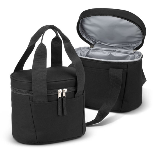 A black lunch cooler bag with a zippered lid, featuring a sturdy handle and an insulated interior.